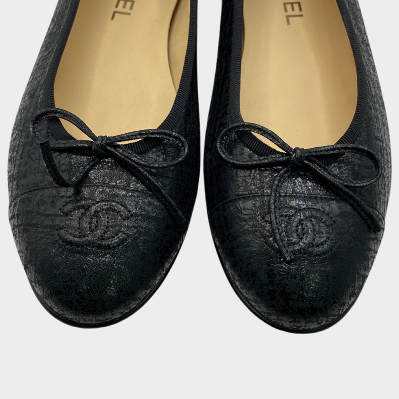 Chanel metallic black leather CC bow ballet flats