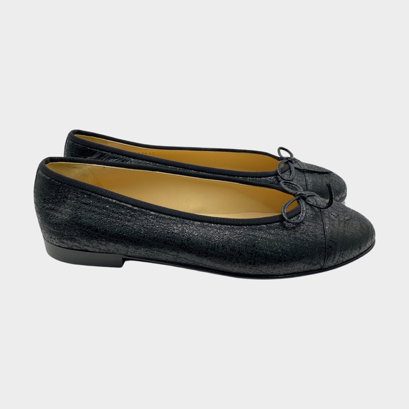 Chanel metallic black leather CC bow ballet flats