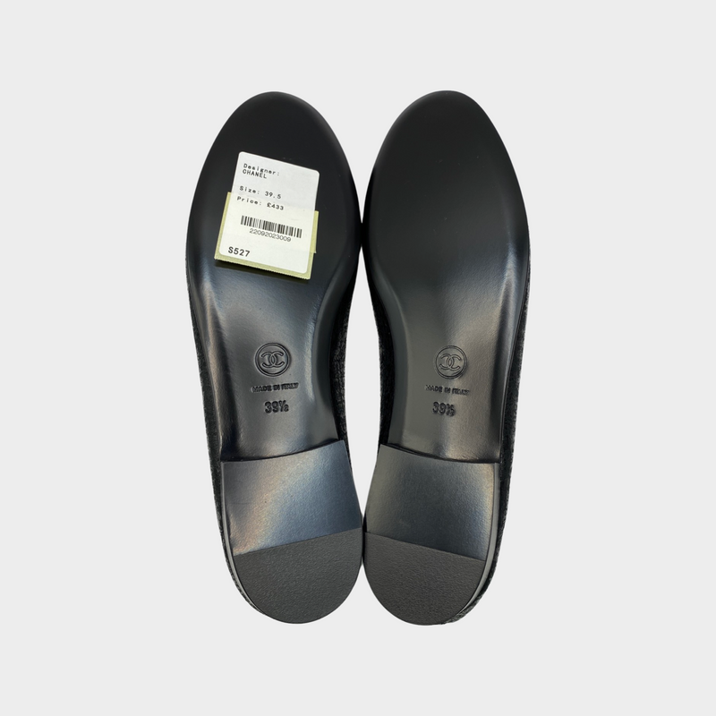 Chanel metallic black leather CC bow ballet flats