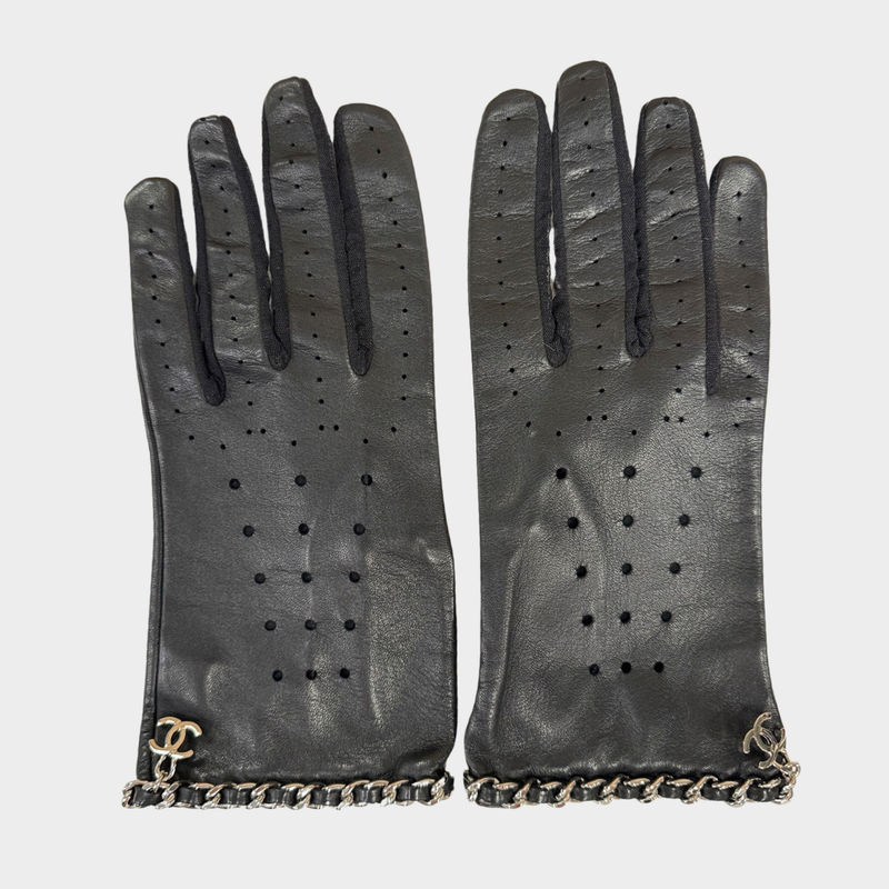 Chanel women's black lambskin leather gloves