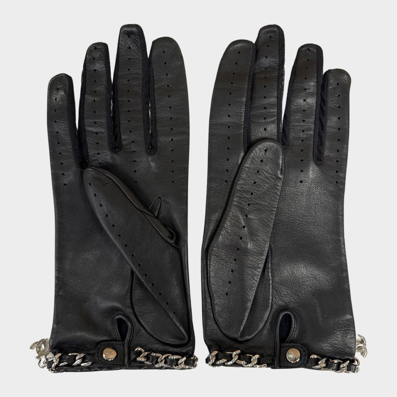 Chanel women's black lambskin leather gloves