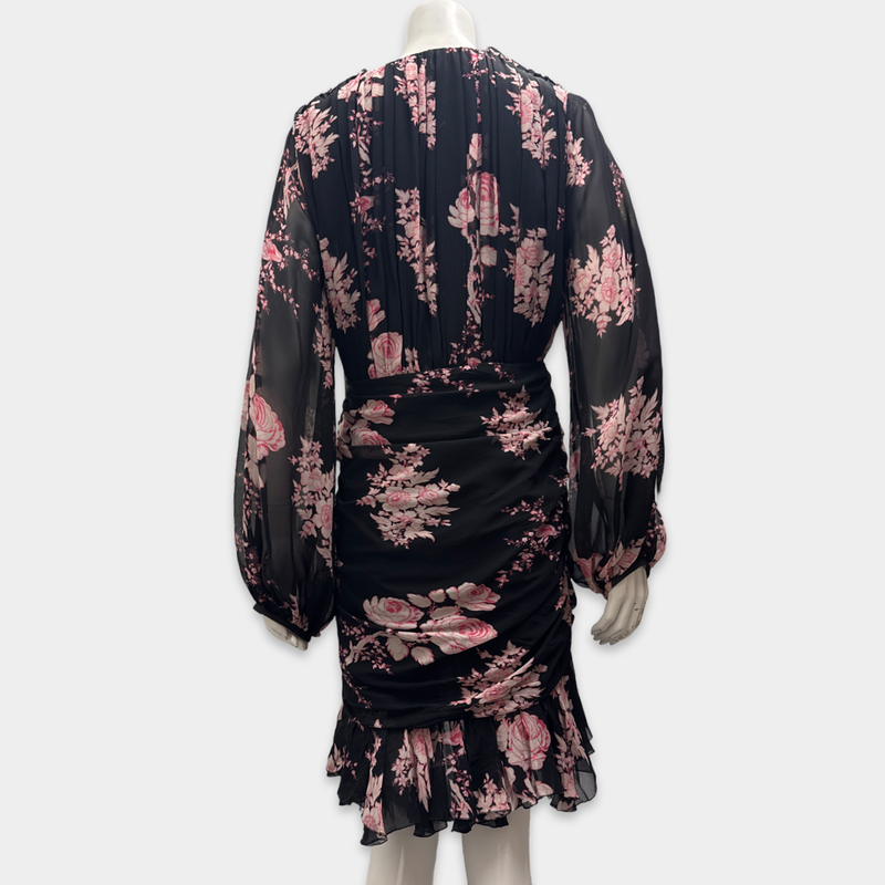 Giambattista Valli Black Silk Long Sleeve Dress With Pink Floral Design