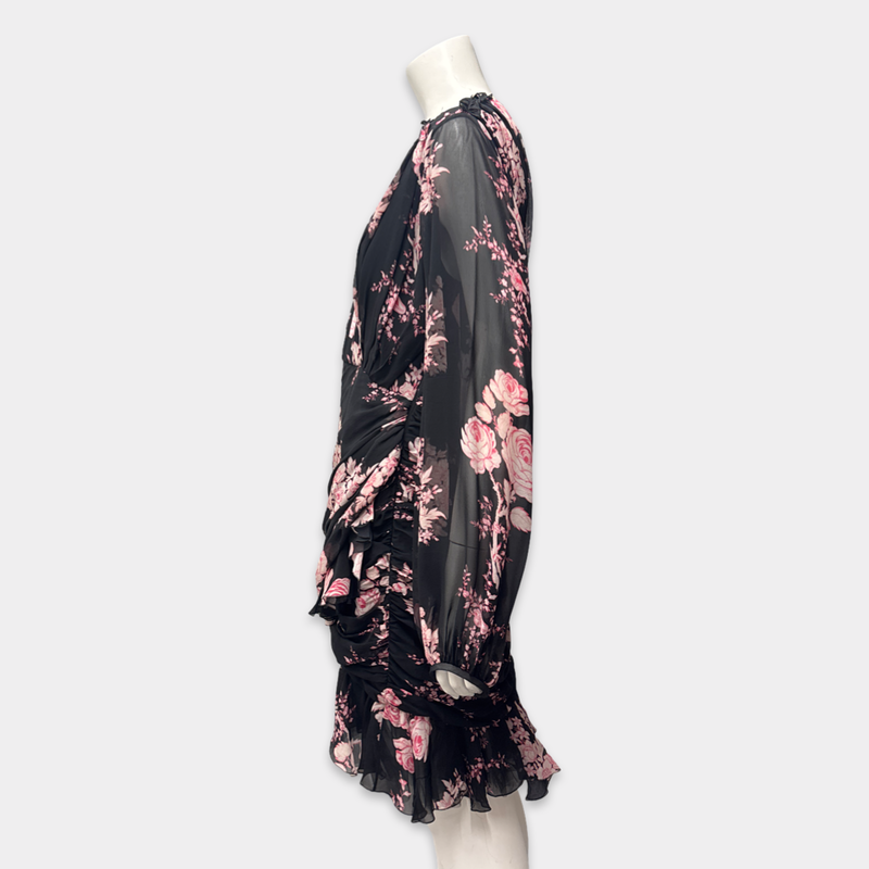 Giambattista Valli Black Silk Long Sleeve Dress With Pink Floral Design