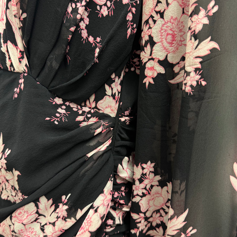 Giambattista Valli Black Silk Long Sleeve Dress With Pink Floral Design