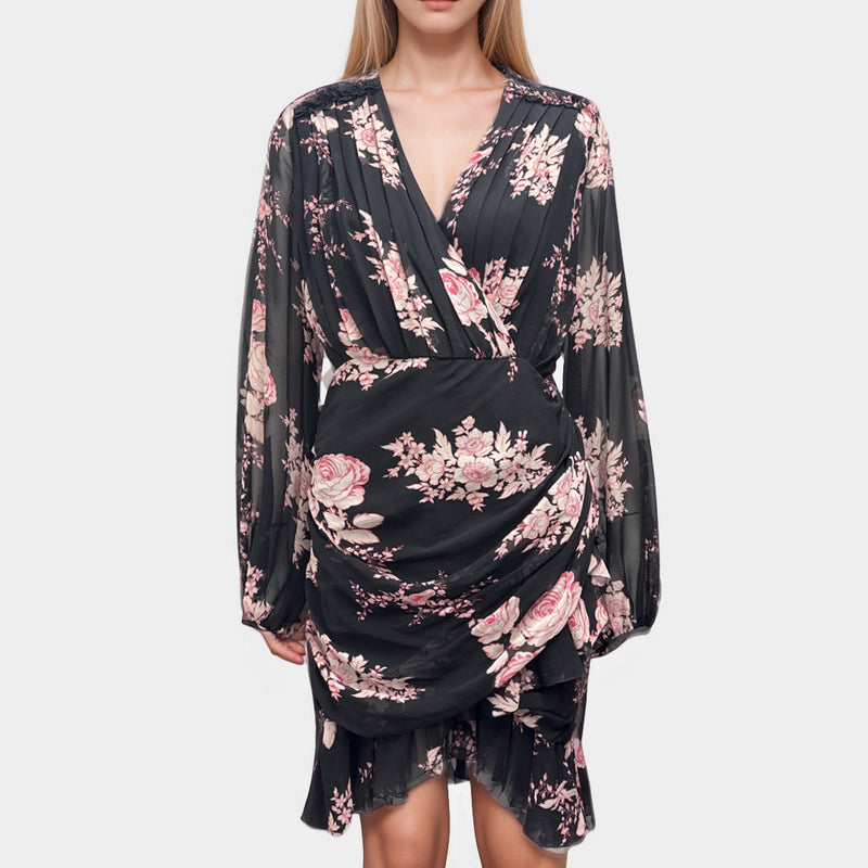 Giambattista Valli Black Silk Long Sleeve Dress With Pink Floral Design