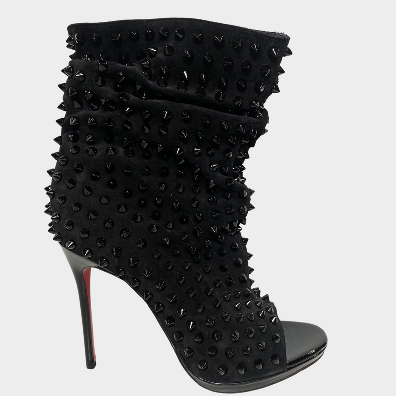 CHRISTIAN LOUBOUTIN black open toe suede boots with studs