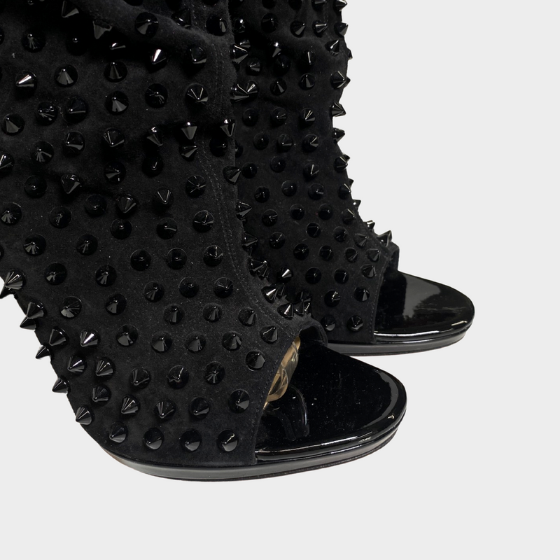 CHRISTIAN LOUBOUTIN black open toe suede boots with studs