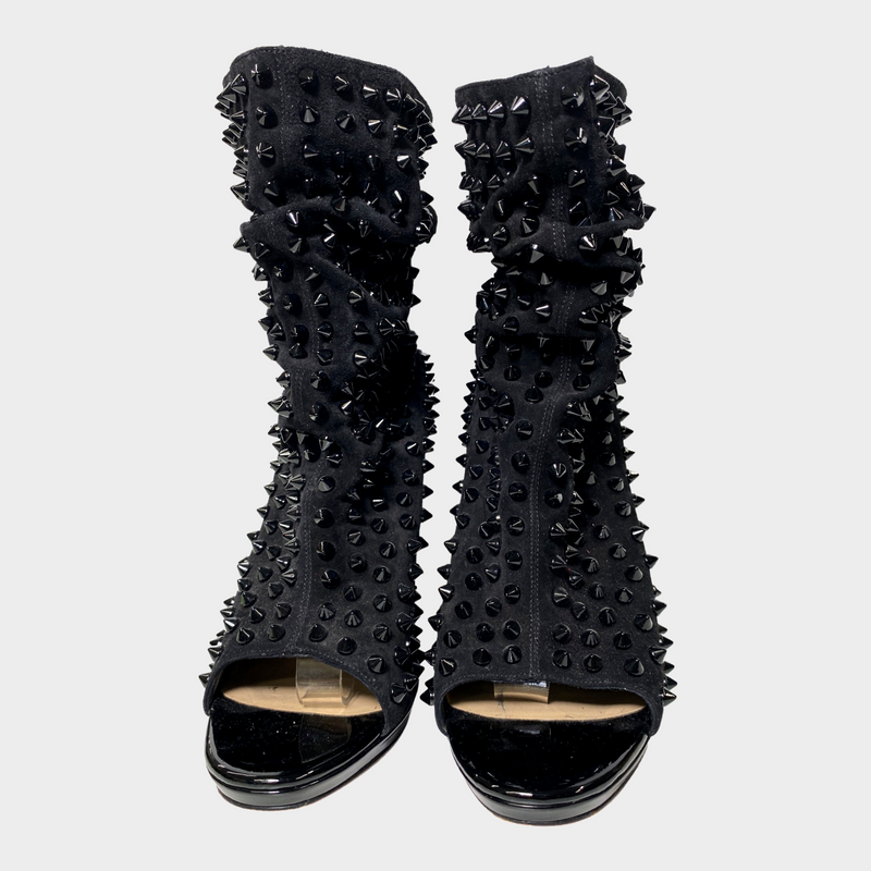 CHRISTIAN LOUBOUTIN black open toe suede boots with studs