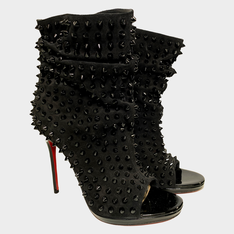 CHRISTIAN LOUBOUTIN black open toe suede boots with studs