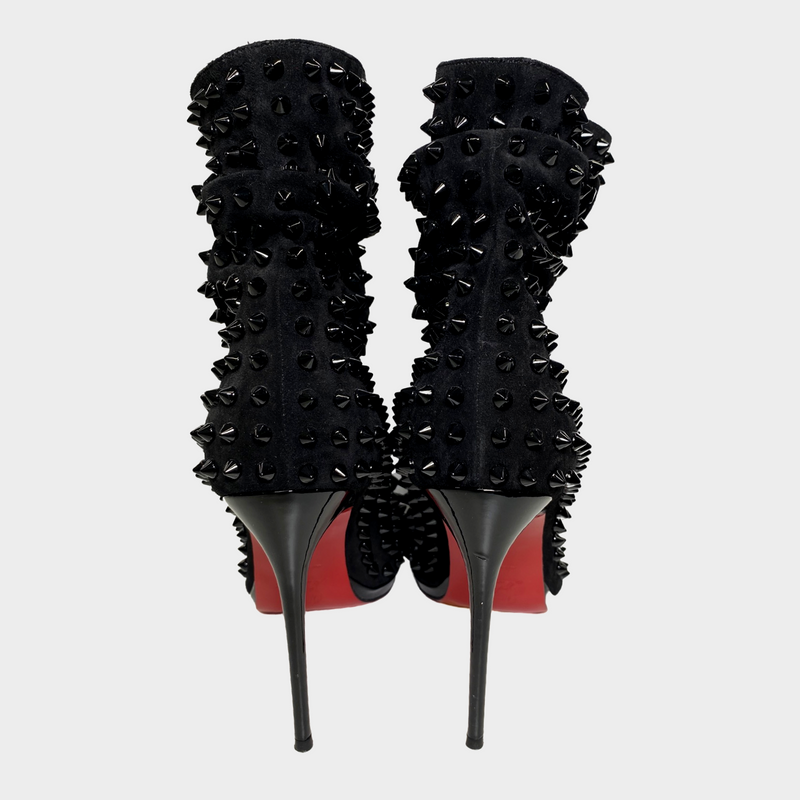 CHRISTIAN LOUBOUTIN black open toe suede boots with studs