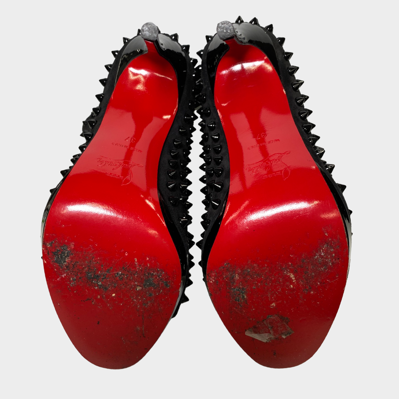 CHRISTIAN LOUBOUTIN black open toe suede boots with studs