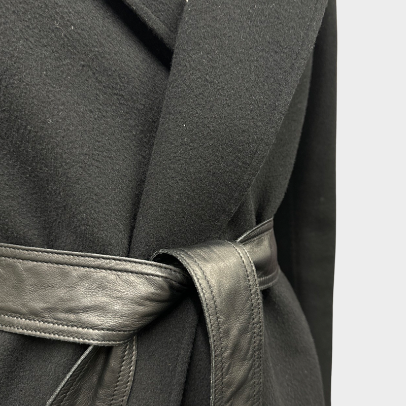 Saint Laurent women's black wool coat with leather belt