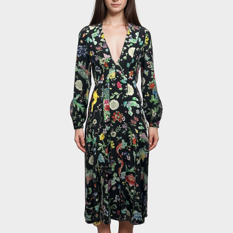Rixo Black And Multicolor Silk Floral Print Dress