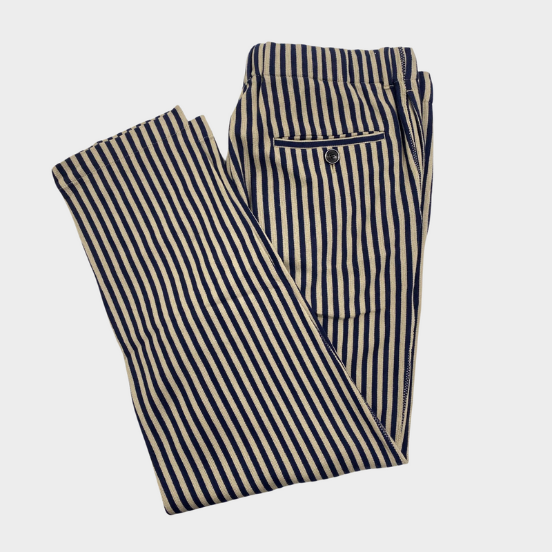 Tomorrowland men's navy and olive striped cotton trousers