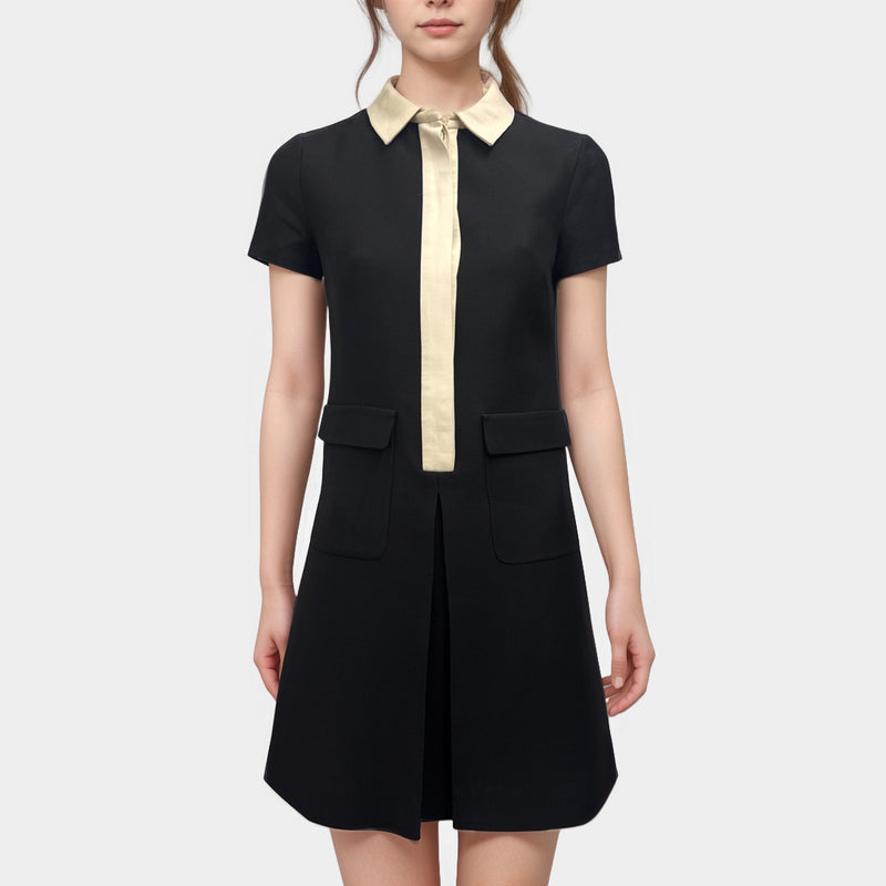 Valentino Black Wool And Silk Dress With Beige Accent