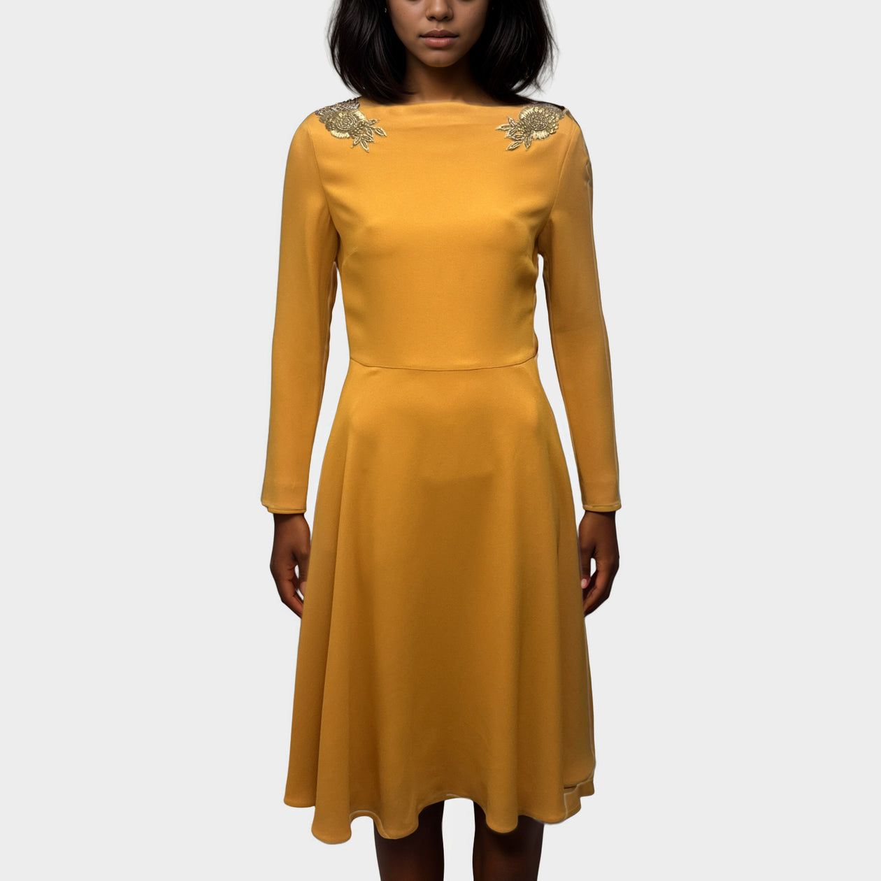 Miu Miu Yellow Long-Sleeved Dress With Shoulder Embellishments  Loop  Generation