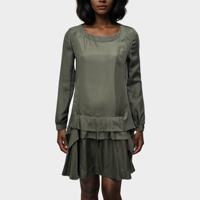 Chloé Khaki Green Silk Dress WIth Ruffle Design