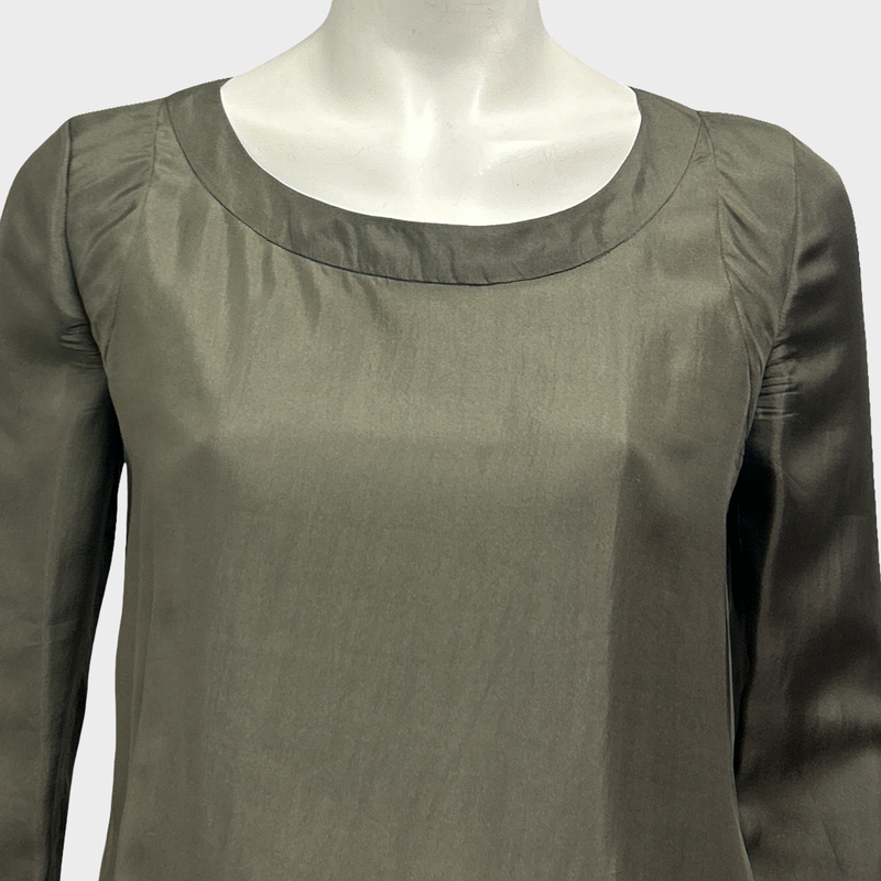 Chloé Khaki Green Silk Dress WIth Ruffle Design