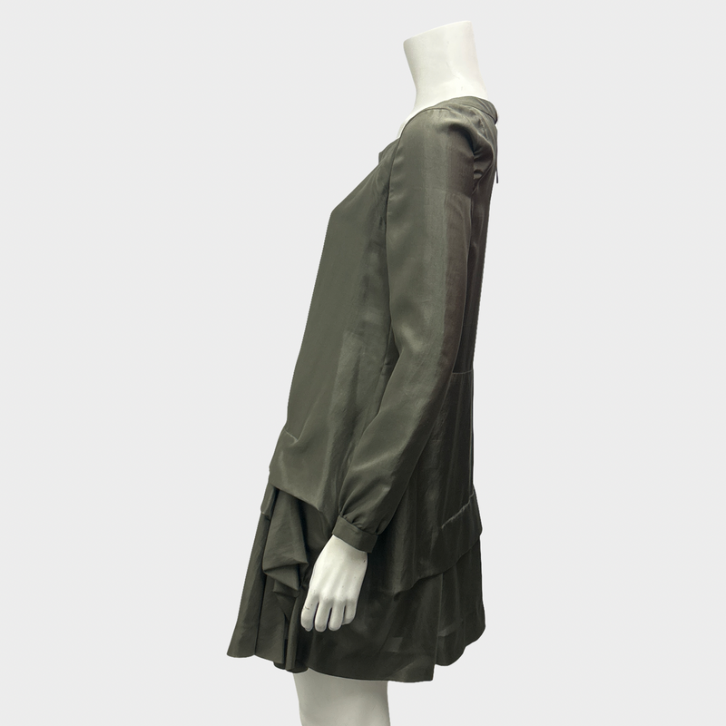 Chloé Khaki Green Silk Dress WIth Ruffle Design