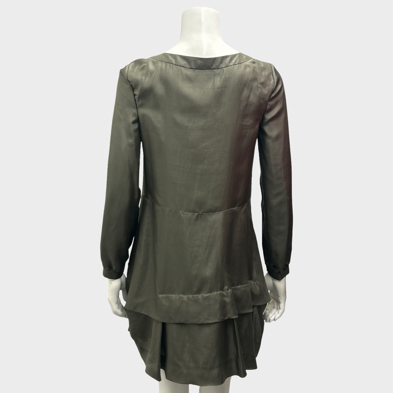 Chloé Khaki Green Silk Dress WIth Ruffle Design
