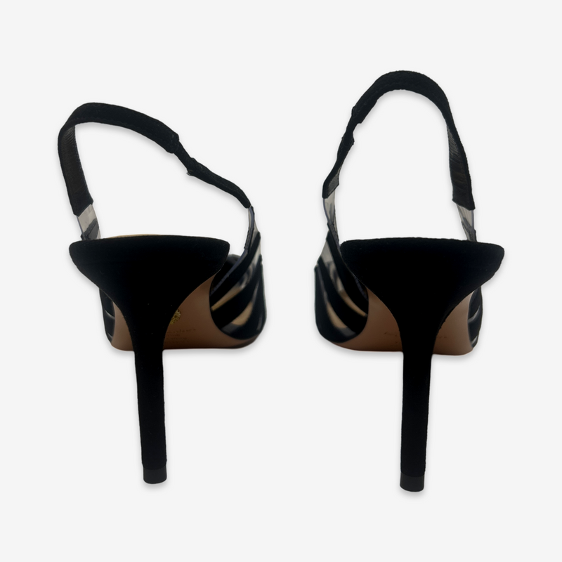 Aquazzura black suede and PVC zebra-stripe slingback heels