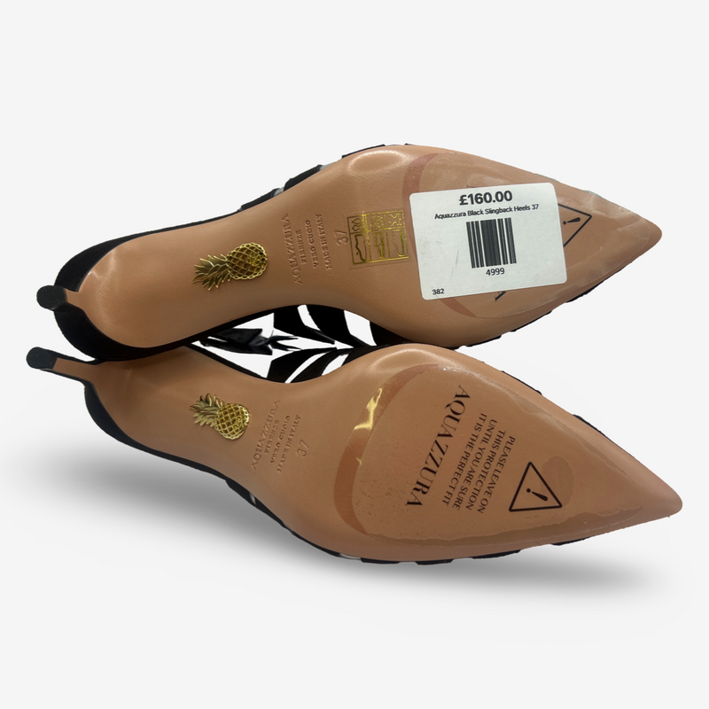Aquazzura black suede and PVC zebra-stripe slingback heels