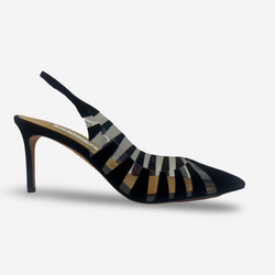 Aquazzura black suede and PVC zebra-stripe slingback heels