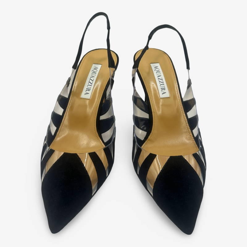 Aquazzura black suede and PVC zebra-stripe slingback heels