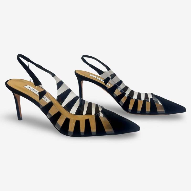 Aquazzura black suede and PVC zebra-stripe slingback heels