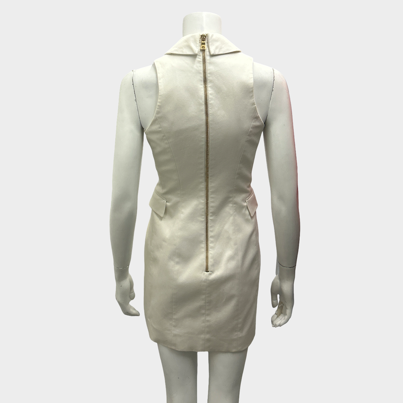 Balmain White Cotton Sleeveless Tuxedo Dress With Gold Button Accents