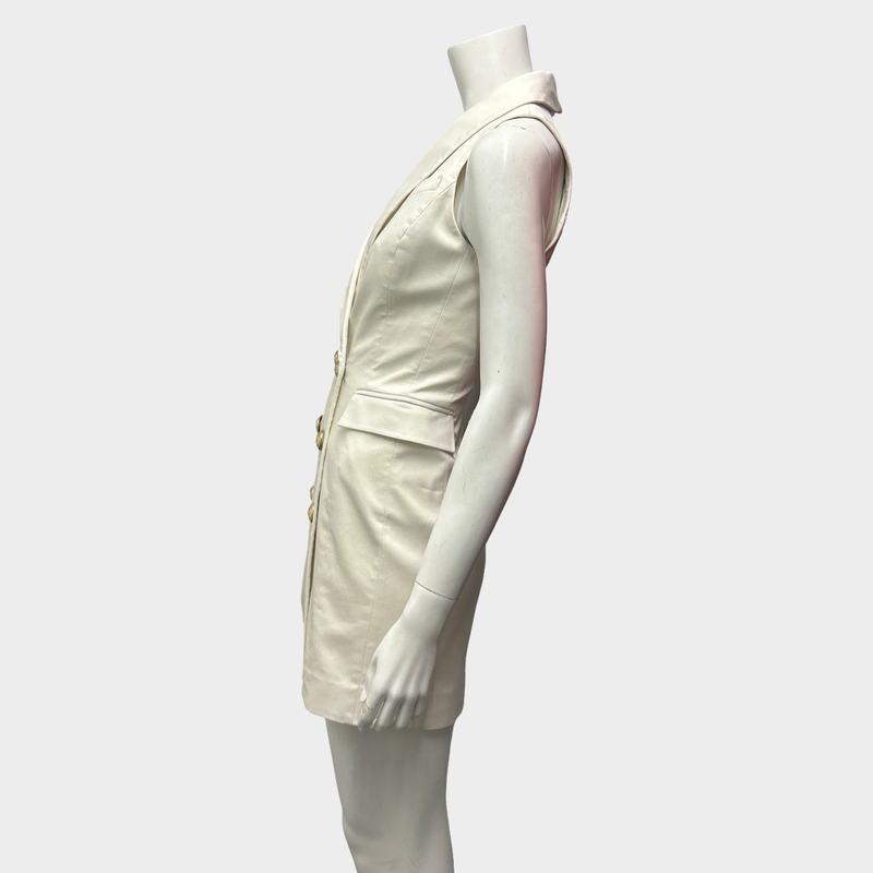 Balmain White Cotton Sleeveless Tuxedo Dress With Gold Button Accents