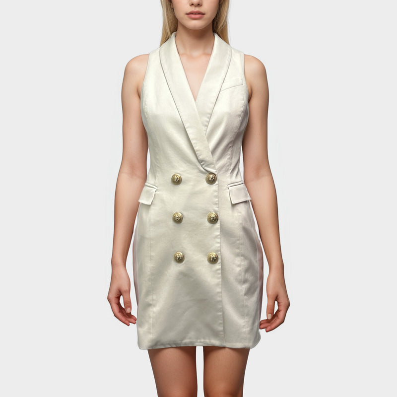 Balmain White Cotton Sleeveless Tuxedo Dress With Gold Button Accents