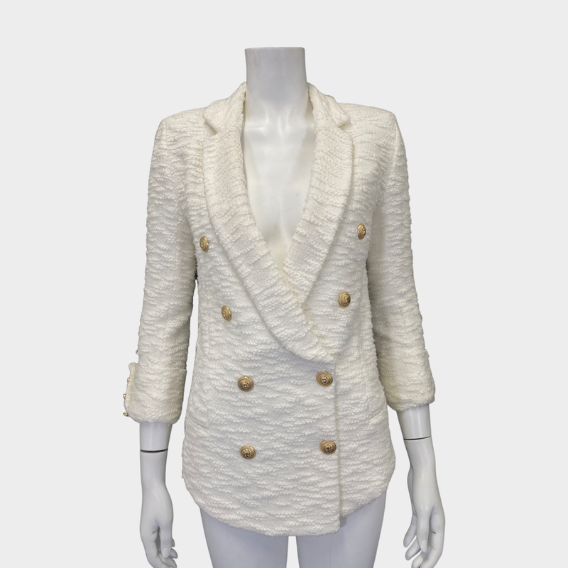 BALMAIN women's white tweed double-breasted jacket