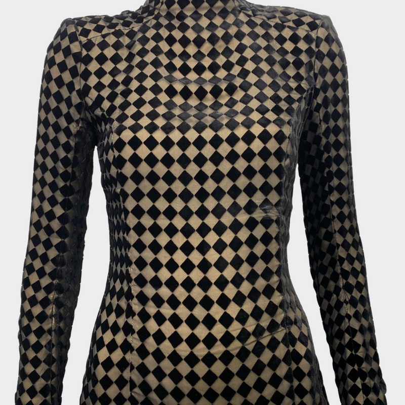 Balmain black and beige silk velvet mini dress