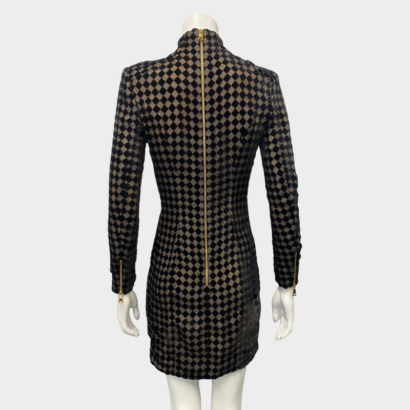 Balmain black and beige silk velvet mini dress