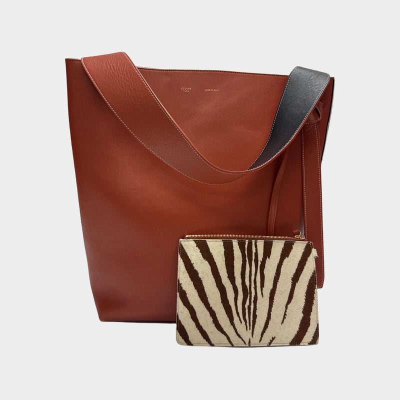 Céline brown zebra print twisted cabas tote with pouch