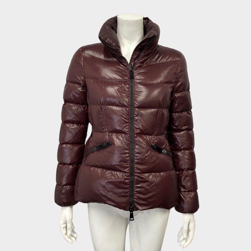 Moncler women's burgundy short down puffer jacket