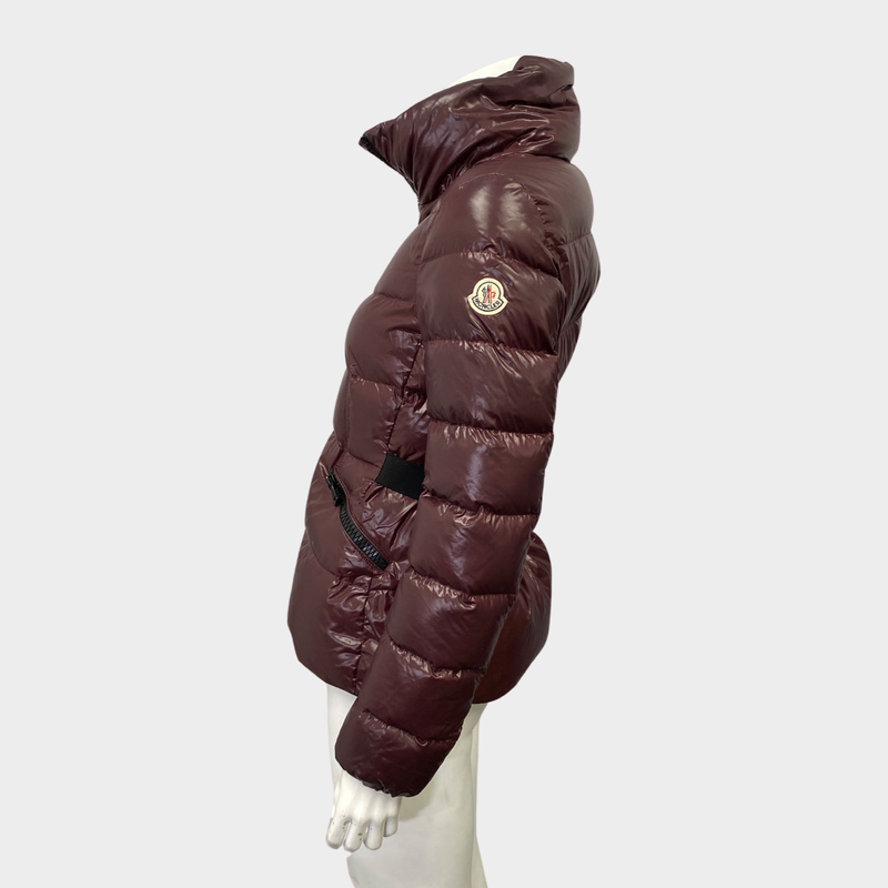 Moncler women's burgundy short down puffer jacket