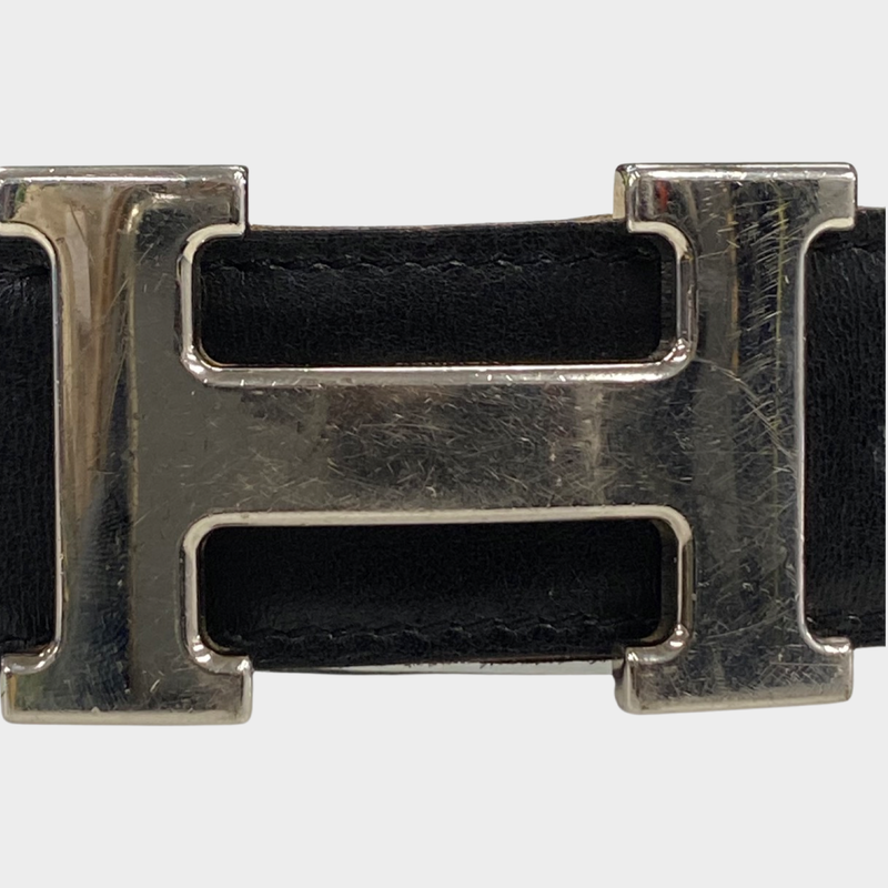 Hermès men's black leather belt with silver H buckle