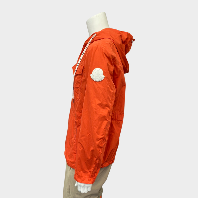 Moncler men's orange rain jacket with front zipper