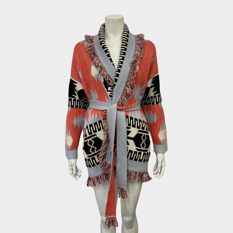 Alanui women's blue and orange aztec pattern wrap cashmere cardigan