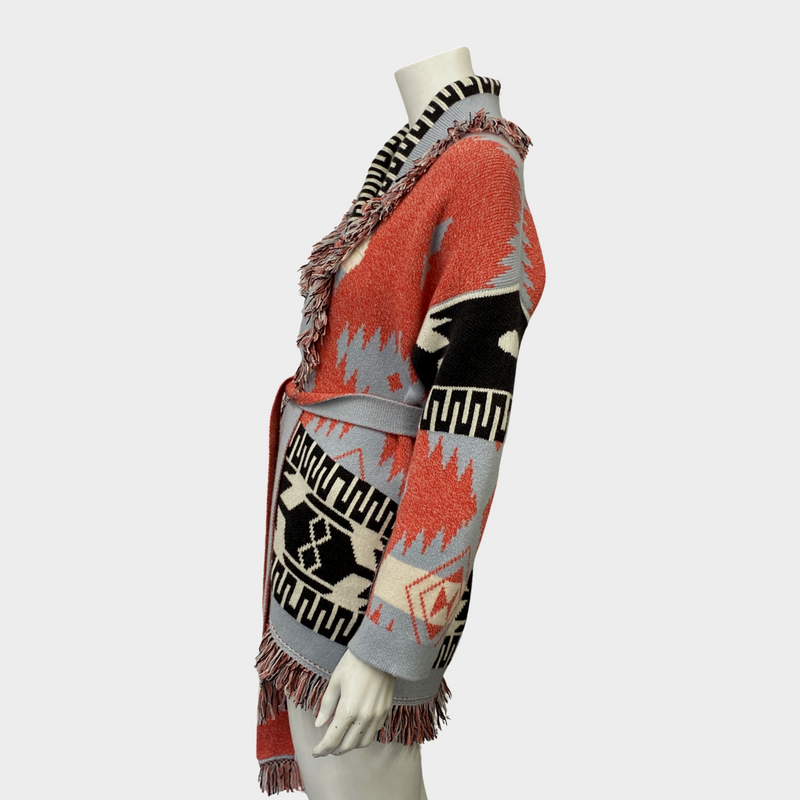 Alanui women's blue and orange aztec pattern wrap cashmere cardigan