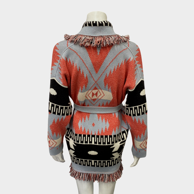 Alanui women's blue and orange aztec pattern wrap cashmere cardigan