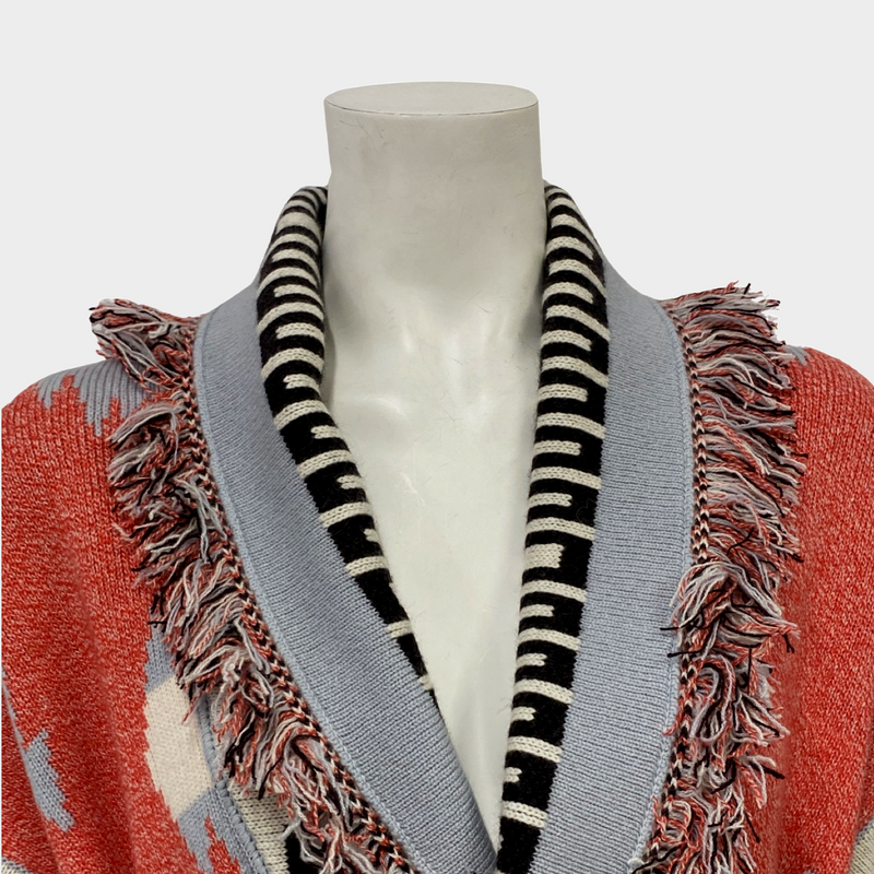 Alanui women's blue and orange aztec pattern wrap cashmere cardigan