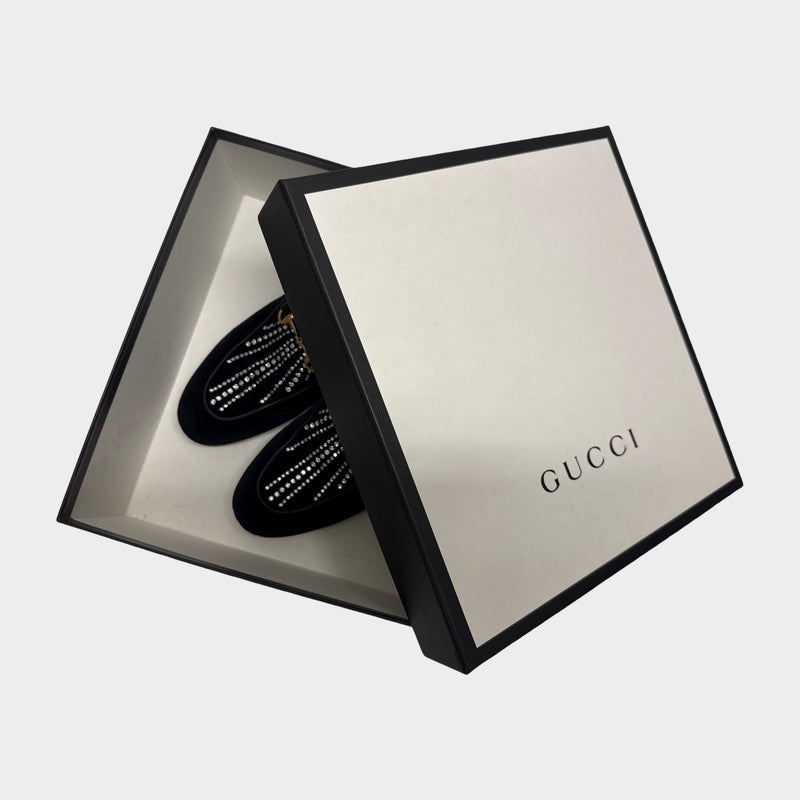 Gucci Women's Black Velvet Princetown Horsebit Crystal Embellished Mules