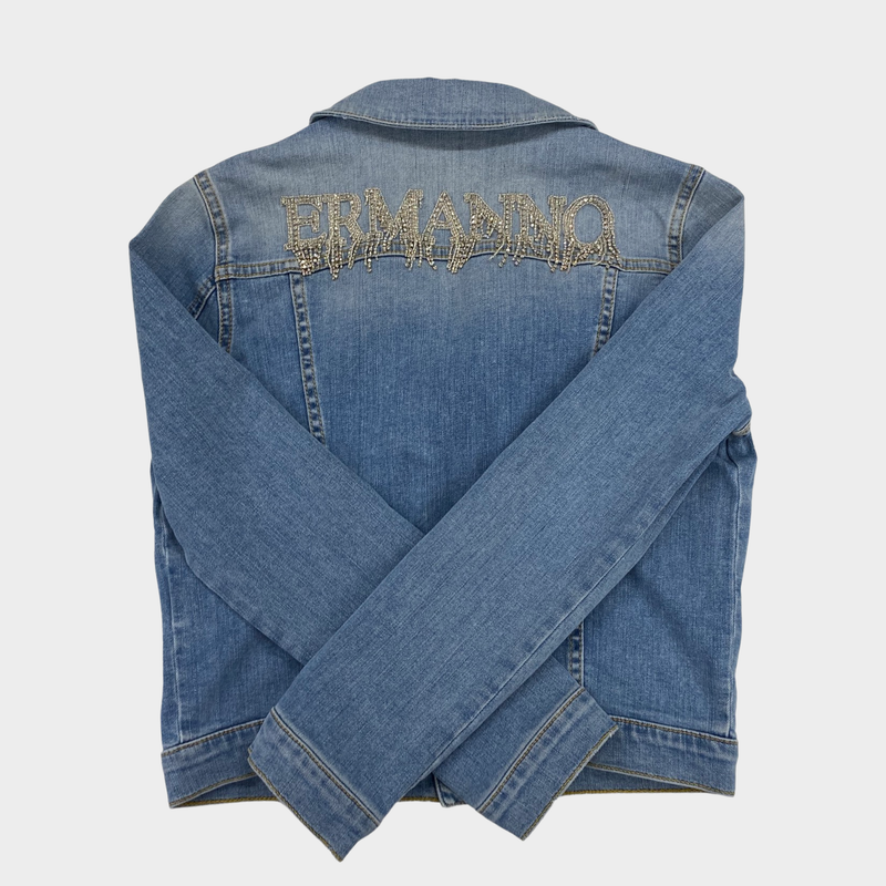 Ermano Scervino girl's light wash denim jacket with diamante logo