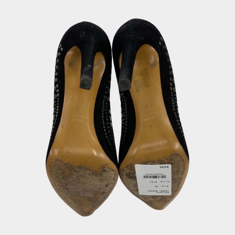 Isabel Marant black suede heels with metallic embellishments
