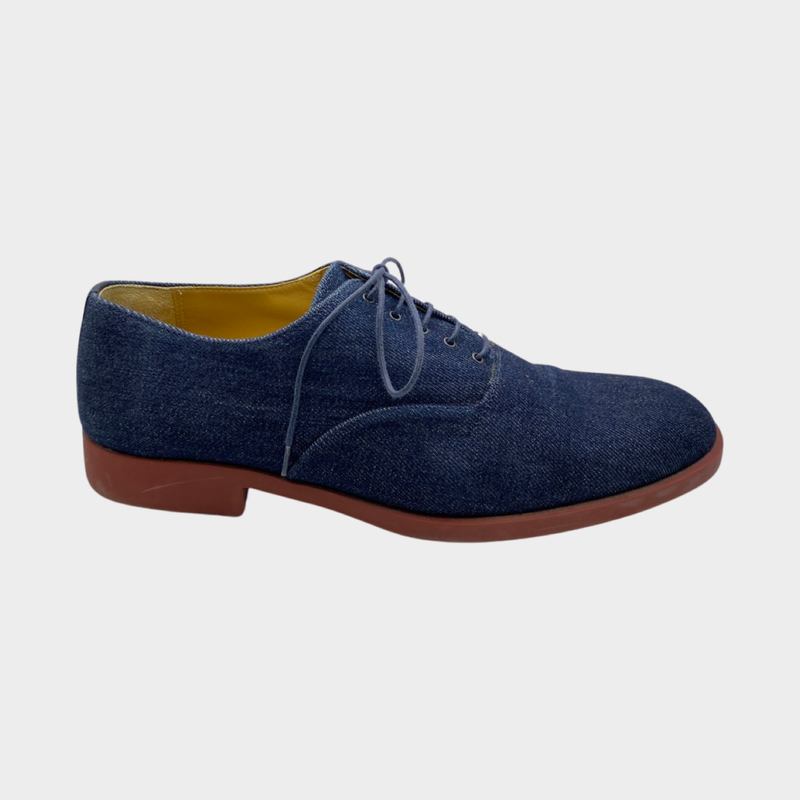 Hermes men's denim loafers with burgundy sole