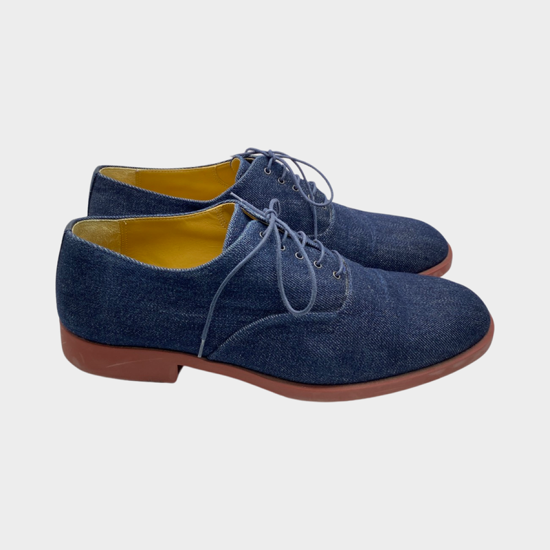 Hermes men's denim loafers with burgundy sole