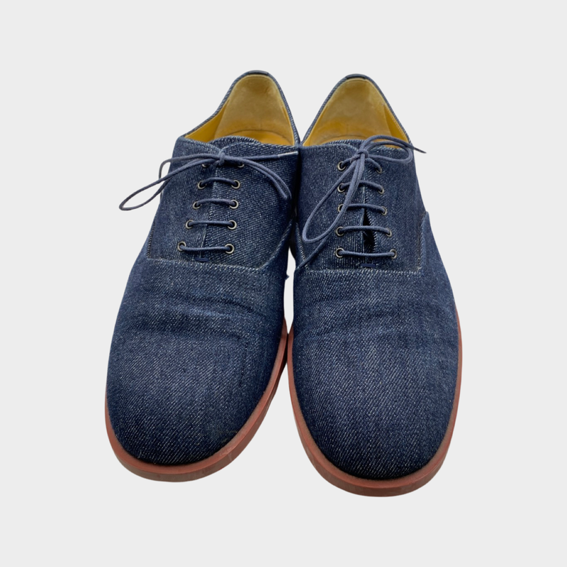 Hermes men's denim loafers with burgundy sole